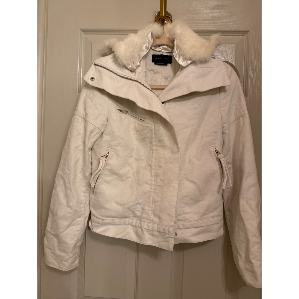 BCBGMAXAZRIA Womens White Faux Fur Collar Moto Jacket XS Asymmetrical Zip